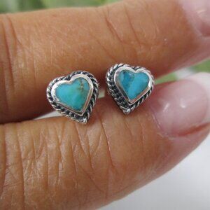 Sterling Silver Turquoise Heart Stud Earrings>Genuine Turquoise Earrings